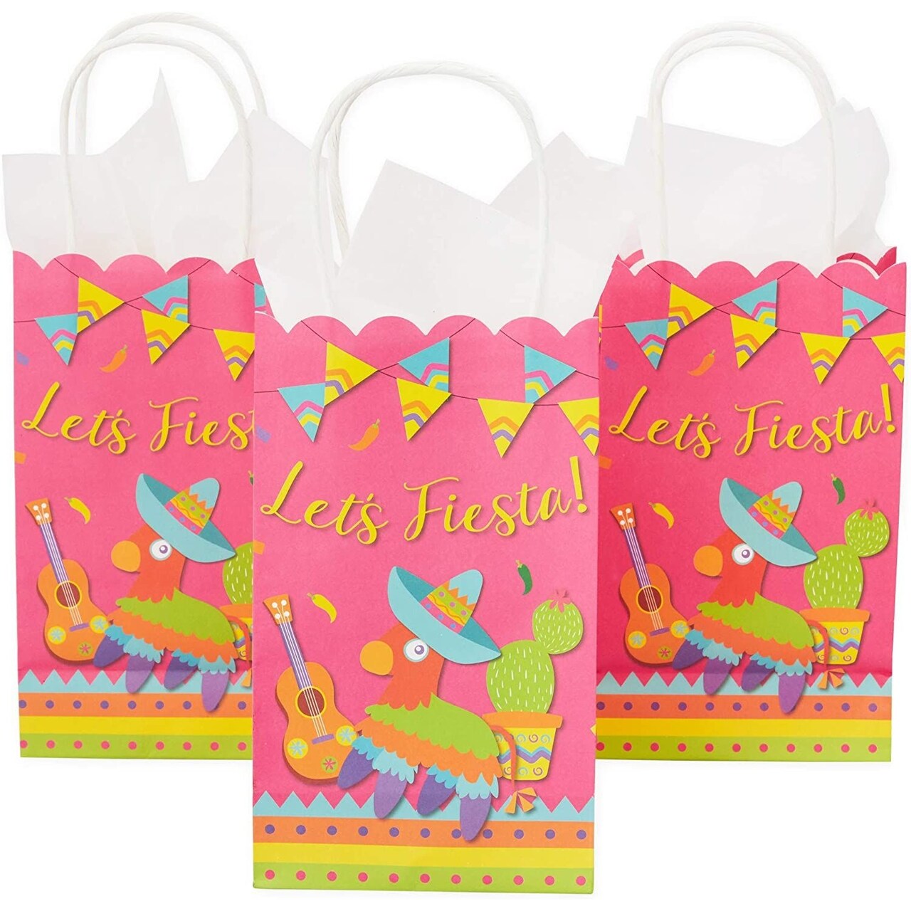 BLUE PANDA Fiesta Party Favor Bags - 24-Pack, Multi-Colored Paper With Rope Handles, 9 x 5.3 x 3.15 In - For Mexican Fiesta Candy & Treats